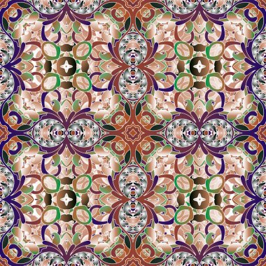 Çiçekli desensiz desen. Eski model arka plan. Etnik tarzda desenli çiçekler, yapraklar, şekiller. Renkli süslemeleri tekrar et. Duvar kağıdı, baskı, kumaş için dekoratif dekoratif tasarım.