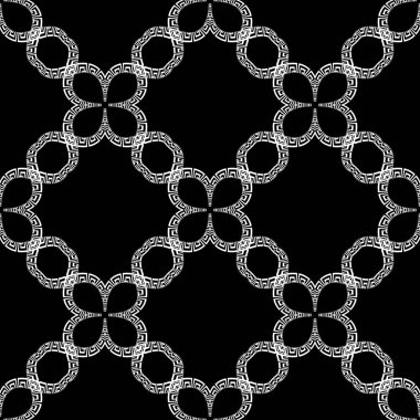Yunan siyah ve beyaz şebeke pürüzsüz desen. Süslü vektör arka planı. Geometrik tekrar arkaplanı. Yunanca anahtar, dolambaçlı, çerçeveli, şekilli, çiçekli güzel etnik stil soyut dantel süsleme.