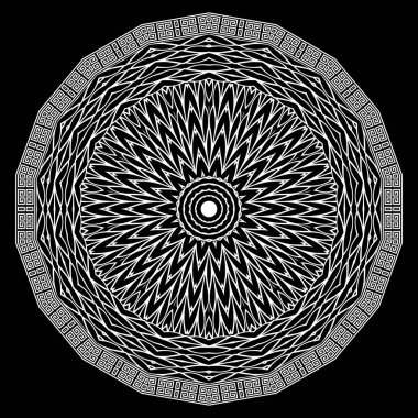 Siyah ve beyaz mandala desenli yuvarlak çiçekler. Süslü vektör kabilesinin etnik tarzı. Dantelli, soyut çiçek. Güzel Yunan tarzı süs. Çember çerçeveli dekoratif fraktal dantel tasarımı.