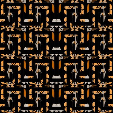 Kalıplı grunge pürüzsüz desen. Kabile etnik tarzı vektör geçmişi. Geometrik Yunan anahtarı, çizgiler, semboller, işaretler ve şekillerle soyut süslemeler. Sonsuz tekrar dokusunu süsleyin. Pis arkaplan.