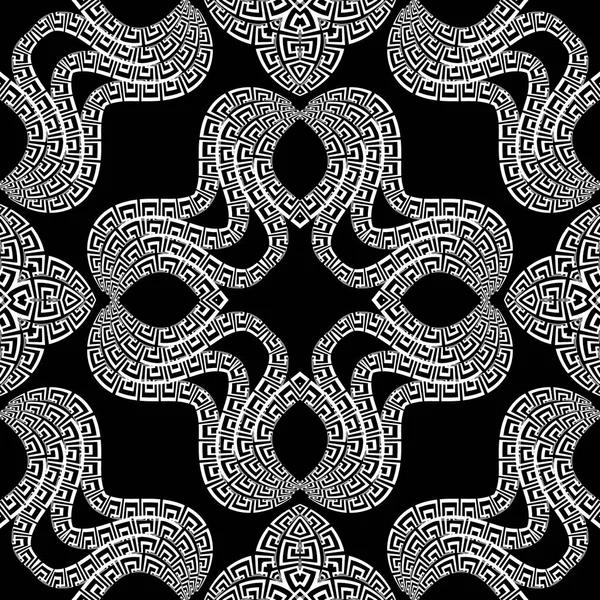 Patrón Sin Costura Floral Griego Negro Blanco Fondo Vectorial Ornamental — Archivo Imágenes Vectoriales