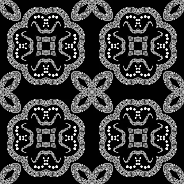 Patrón Sin Costura Floral Griego Negro Blanco Fondo Vectorial Ornamental — Vector de stock