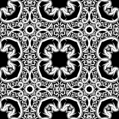 Çiçeksiz desen. Siyah ve beyaz Yunan kökenli. Vektör Kelt stili tekrar süslemesi. Dikenli dallar, çiçekler, geometrik şekiller. Soyut etnik tasarım. Yunan anahtarı, daha kıvrımlı.
