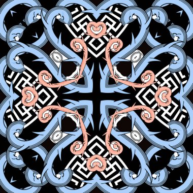 Soyut, pürüzsüz desen. Renkli Yunan geçmişi. Vektör Kelt stili tekrar süslemesi. Dikenli dallar, çiçekler, geometrik şekiller. Çiçekli etnik tasarım. Yunanca anahtar, kıvrım, çerçeve.