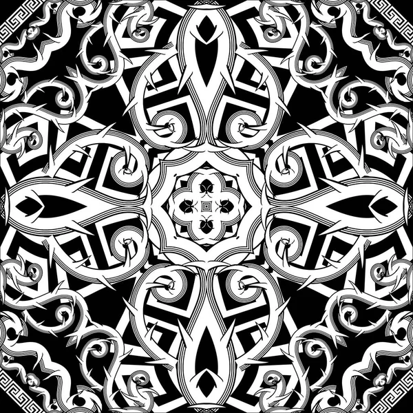 花のシームレスなパターン 黒と白のギリシャの背景 ベクトル部族のケルトスタイルの繰り返し飾り 幾何学的形状の枝 抽象的な民族デザイン ギリシャの鍵だよ — ストックベクタ
