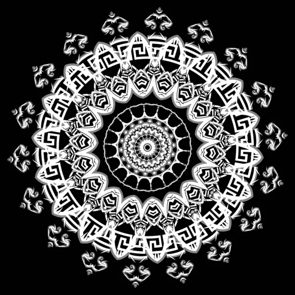 Ronde Bloemen Mandala Patroon Griekse Zwart Wit Achtergrond Vector Tribal — Stockvector