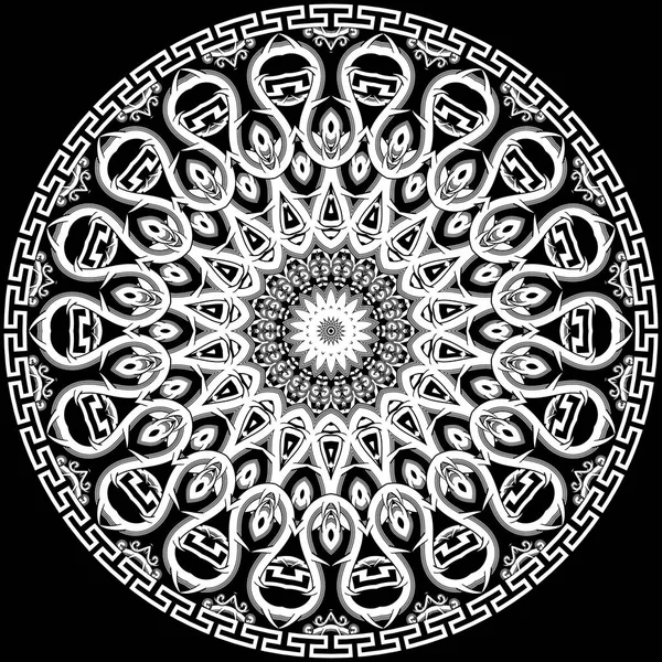 Ronde Bloemen Mandala Patroon Griekse Zwart Wit Achtergrond Vector Tribal — Stockvector