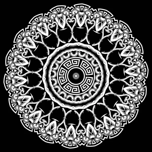 丸い花のマンダラパターン ギリシャの黒と白の背景 ベクトル部族ケルトスタイルの装飾 幾何学的形状 フレームを持つ枝 花の民族デザイン ギリシャの鍵だよ — ストックベクタ