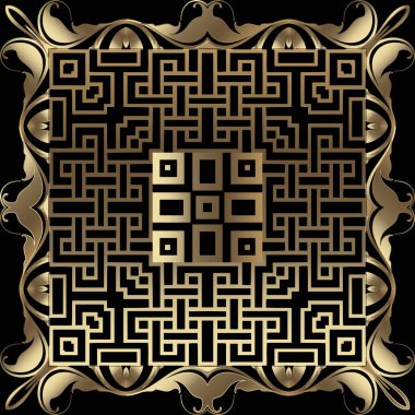 Altın çiçekli, dikişsiz desen. Soyut dokulu vektör arkaplanı. Yapılandırılmış hatları, yapraklı barok çerçeveleri ve sınırları olan modern Kelt tarzı bir fon. Dekoratif lüks geometrik süsler.