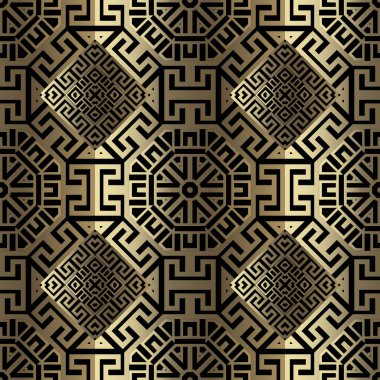 Lüks altın dezenfekte deseni. Yunan kabilesinin etnik tarzı süsleme vektör geçmişi. Geometrik dekoratif arkaplanı tekrar et. Yunanca anahtar, dolambaçlı, şekilli güzel simetrik modern süs.