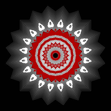 Zigzag çiçekli yarım ton vektör mandala deseni. Çizgi sanatı soyut desenli arka plan. Modern dekoratif zik çizgiler, daireler. Yüzey yarım ton zik zag çiçek süsü. Radikal kabile tasarımı