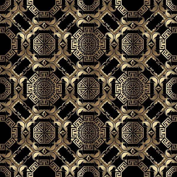 高級ゴールドデコシームレスパターン ギリシャの部族の民族スタイルの装飾ベクトルの背景 幾何学的な華やかな背景を繰り返します ギリシャキー 平均と美しい現代の装飾 ヴィンテージの花 — ストックベクタ
