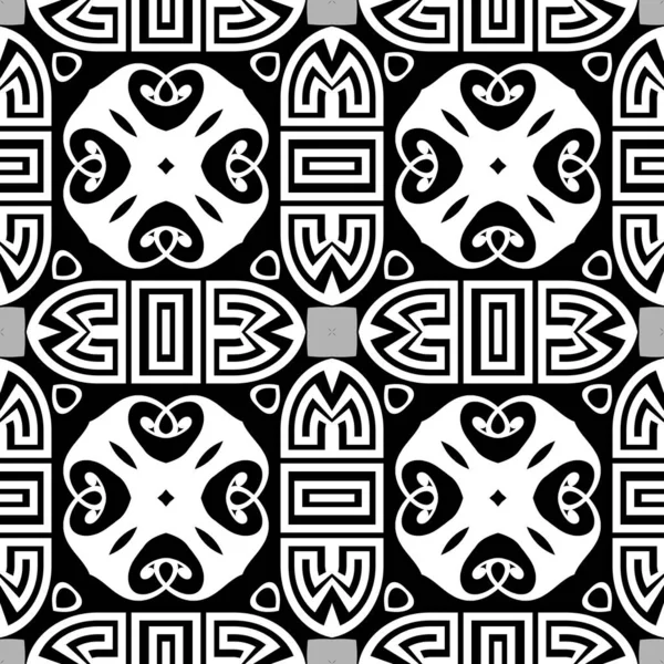 ギリシャのシームレスなパターン 部族的民族様式のベクトル背景 装飾的な黒と白の抽象的な背景 ギリシャの鍵幾何学的な装飾を意味します ファブリック プリントのための独立したデザイン — ストックベクタ