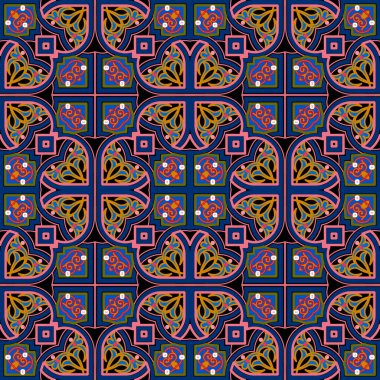 Renkli çiçek desenli. Arabesk vektör arkaplanı. Güzel Arap süslemeleri. Süslü arka planı tekrar et. Simetrik tasarım. Klasik çiçekler, yapraklar. Kumaş ve baskılar için zarif tasarım.