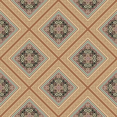 Arabesk kusursuz desen. Zarif Arap vektör arkaplanı. Güzel zarif süsler. Süslü Arap arka planını tekrarla. Klasik çiçekler, yapraklar, çizgiler, eşkenar dörtgen, çerçeveler. Süslü zarif tasarım.