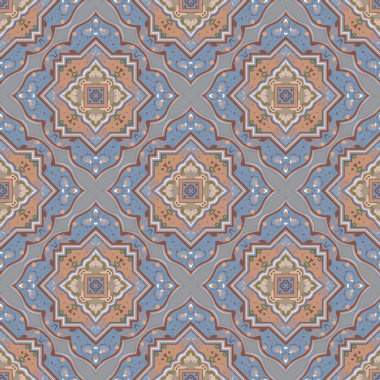 Arabesk kusursuz desen. Zarif Arap vektör arkaplanı. Güzel modern süsler. Süslü Arap arka planını tekrarla. Klasik çiçekler, yapraklar, çizgiler, eşkenar dörtgen, çerçeveler. Süslü zarif tasarım.