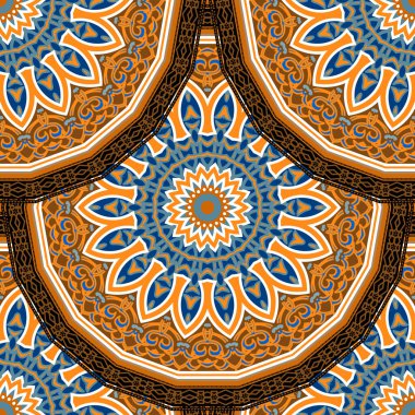 Renkli çiçekli mandalalar pürüzsüz desen. Arabesk vektör arkaplanı. Güzel modern süsler. Süslü etnik arkaplanı tekrar et. Klasik çiçekler, yapraklar, çizgiler, daireler. Dekorasyon tasarımı.