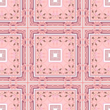 Arabesk kusursuz deseni kontrol edildi. Vektör süsleme pembe arka plan. Gül rengi arkaplanı tekrarla. Soyut ekose tartan Arap süsü. Kare, çiçek, çerçeve ve kenarları olan çiçekli zarafet tasarımı.