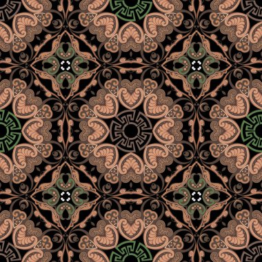 Paisley dikişsiz desen. Yunan tarzı vektör arka planı. Güzel, renkli bir süs. Süslü arka planı tekrar et. Eski desenli desenli çiçekler, yapraklar, Yunanca anahtar, kıvrımlar, çizgiler, geometrik şekiller.