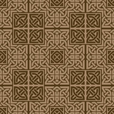 Zarif, pürüzsüz desen. Kelt stili süslemeli vektör arkaplanı. Modern tekrar dekore edilmiş arabesk arkaplanı. Karmaşık çizgiler, şekiller, düğümler ve karelerle Geometrik ekose süslemeler.