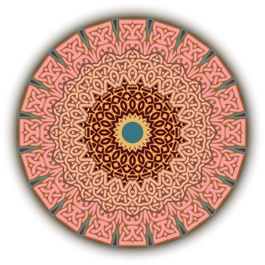 Çiçek desenli yuvarlak. Kelt stili süslemeli vektör arka planı. Modern dekoratif fon. Çemberlerle, karmaşıklık çizgileriyle, şekilleriyle Geometrik Rosette süsleri. Renkli dekoratif soyut tasarım.