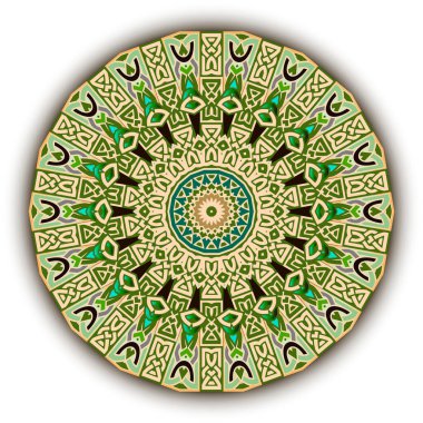 Rosette. Çiçek desenli yuvarlak. Kelt stili süslemeli vektör arka planı. Modern dekoratif fon. Daireli geometrik süslemeler, karmaşık çizgiler, şekiller. Renkli dekoratif soyut tasarım.
