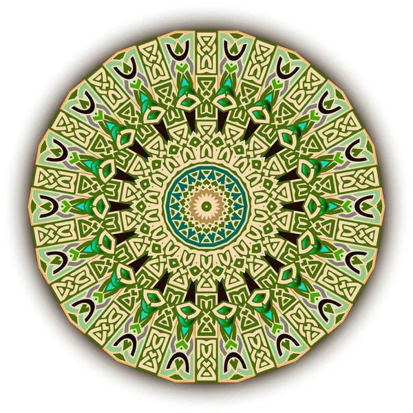 Rosette. Çiçek desenli yuvarlak. Kelt stili süslemeli vektör arka planı. Modern dekoratif fon. Daireli geometrik süslemeler, karmaşık çizgiler, şekiller. Renkli dekoratif soyut tasarım.