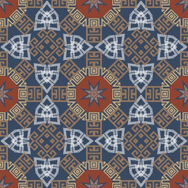 Yunan vektörü kusursuz desen. Soyut kabile tarzı bir geçmişi var. Çizgiler, labirentler, şekiller ve mandalalarla renkli geometrik arkaplanı tekrarla. Yunan anahtarı, asma katlı süsler. Modern yaratıcı tasarım.