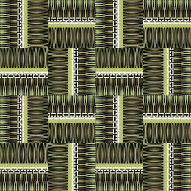 Örülmüş Yunanca vektör pürüzsüz desen. Soyut modern ekoseli tartan arkaplan. Çizgili, zikzak çizgili, şekilli, sembollü, kenarlı geometrik arkaplanı tekrarla. Yunan anahtarı, avare yeşil süsler.