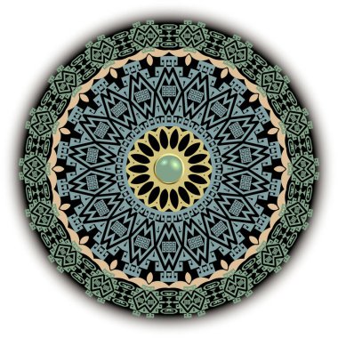 Yuvarlak Yunan mandala deseni. Kabile etnik geçmişi. Vektör mücevher arkaplanı. Yüzey taşı, düğme, çerçeve, daire, Yunanca anahtar, dolambaçlı, geometrik şekilli, çiçekli soyut çiçek süsü.