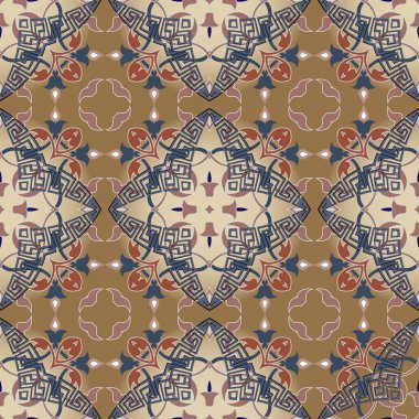 Yunan kabilesinin etnik tarzı kusursuz. Geometrik renkli arkaplan. Vektör tekrarlı arkaplan. Çerçeveli soyut çiçek süsleri, Yunanca anahtar, dolambaçlı, geometrik şekiller, çiçekler.