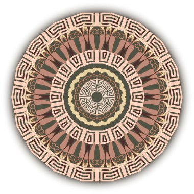 Yuvarlak Yunan mandala deseni. Kabilenin etnik tarzı. Vektör geometrik fon. Kenarlı, çerçeveli, daireli, Yunan anahtarlı, dolambaçlı, geometrik şekilli, çiçekli soyut radyal süsler.