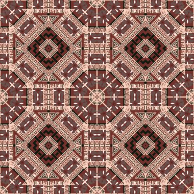 Yunan kabilesinin etnik tarzı kusursuz. Geometrik renkli arkaplan. Vektör tekrarlı arkaplan. Kenarlı, çerçeveli, Yunan anahtarlı, dolambaçlı, geometrik şekilli soyut süsler, eşkenar dörtgen.