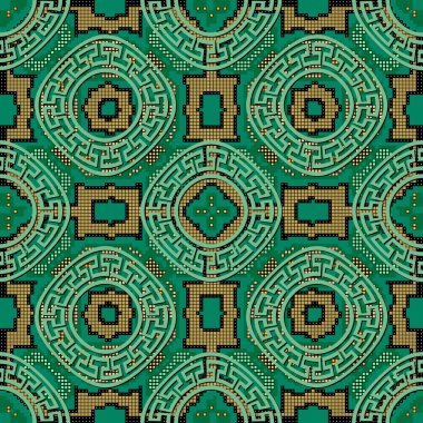 Piksel Yunancası pürüzsüz desen. Mozaik yarım ton renkli arka plan. Tekrar ediyorum, vektör kabile arkaplanı. Eski semboller, işaretler, Yunanca anahtar, dolambaçlı yollar, kareler, eşkenar dörtgenler. Geometrik soyut süsler.