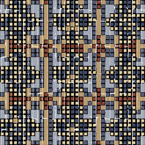 デジタル正方形シームレスパターン ベクトルカラフルな部族の民族スタイルのグランジの背景 幾何学的な都市背景を繰り返します 抽象モザイク装飾 モダンな装飾ラフテクスチャデザイン — ストックベクタ