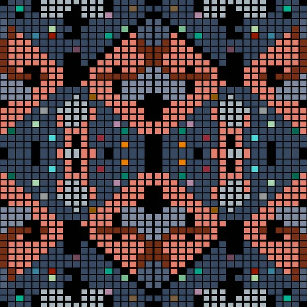 デジタル正方形シームレスパターン ベクトルカラフルな部族の民族スタイルの背景 幾何学的な伝統的な背景を繰り返します 抽象的なピクセルモザイク装飾 現代的な装飾的なハーフトーンデザイン — ストックベクタ