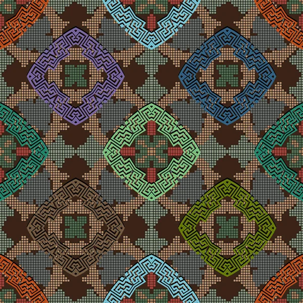 Mosaïque Grecque Motif Sans Couture Pixel Demi Ton Fond Coloré — Image vectorielle