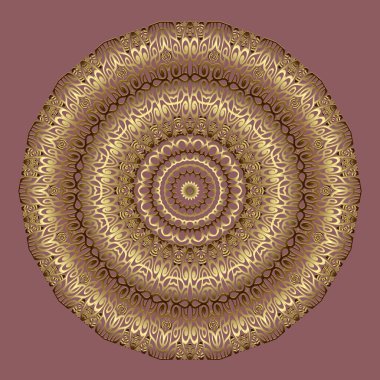 Altın arabesk 3d mandala deseni. Süslü arka plan. Vektör arkaplanı. Çiçekli dantelli yuvarlak süs. Klasik dantel çiçekler, yapraklar. Tekstil, baskılar, duvar kağıtları için güzel lüks sanat tasarımı.