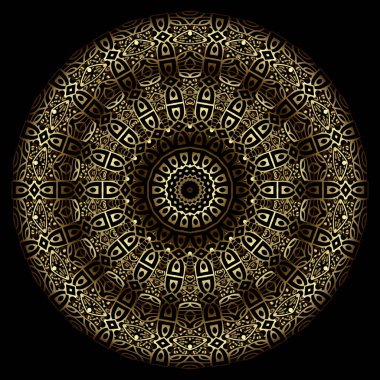 Altın arabesk 3d mandala deseni. Süslü arka plan. Siyah vektör arkaplanı. Çiçekli dantelli süs. Klasik dantel çiçekler, yapraklar. Tekstil, baskılar, duvar kağıtları için güzel lüks sanat tasarımı.