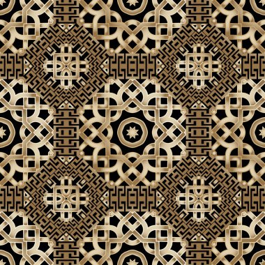 Arabesk kusursuz desen. Vektör yunan tarzı arka plan. Dekoratif dekoratif arka plan. Düğümlü, çizgili, şekilli geometrik süslemeler, Yunanca anahtar, dolambaçlı. Simetrik dekoratif modern tasarım.
