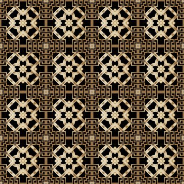 Şebeke kusursuz desen. Vektör yunan tarzı arka plan. Süslü, tekrar dekoratif çiçek arkaplanı. Çiçekli Geometrik süsler, Yunanca anahtar, dolambaçlı. Simetrik dekoratif modern tasarım.