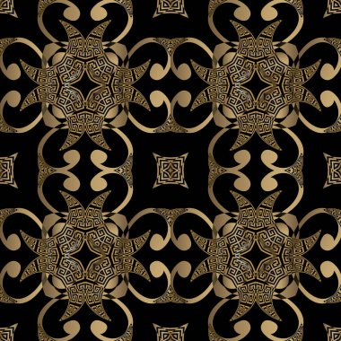 Modern kusursuz desen. Çiçek süsleme arkaplanı. Yunan vektör arkaplanını tekrarla. Soyut çiçekli geometrik altın süsler, antik Yunan anahtarı, dolambaçlı, şekilli. Süslü desenli tasarım.