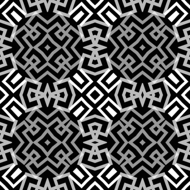 Beyaz ve beyaz Yunanlı kusursuz desen. Kabile etnik vektör geçmişi. Geometrik Yunan anahtarı, çizgiler, semboller, şekiller ve sembollerle soyut süslemeler. Sonsuz dokuyu süsleyin. Dekoratif tasarım.