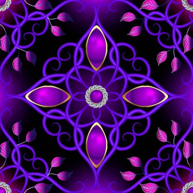 Klasik mücevher 3d çiçeksiz desen. Parlak bir arka plan. Lüks arka planı tekrar edin. Damask süsü. Mor çiçekler, girdap çizgileri, elmaslar, değerli taşlar. Güzel yüzey vektör tasarımı.