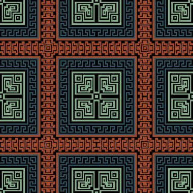 Yunan kabilesinin etnik tarzı kusursuz. Geometrik renkli ekoseli tartan arkaplan. Vektör tekrar arkaplan. Kenarlı, çerçeveli, Yunan anahtarlı, dolambaçlı, geometrik şekilli, çizgili soyut süsler.