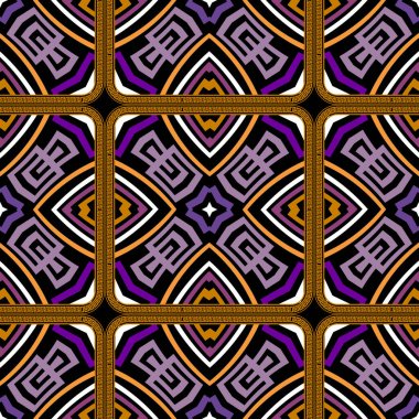 Renkli, etnik, pürüzsüz bir model. Vektör yunan geçmişi. Geometrik Yunan anahtarı, kare çerçeveler, soyut çiçekler, şekiller, eşkenar dörtgen, çizgiler. Tekrarla simetrik tasarım.