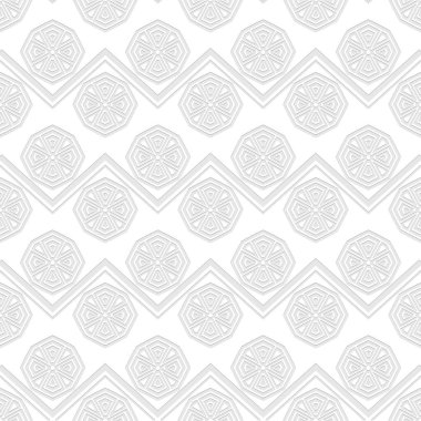 Geometrik dikişsiz desen. Vektör beyaz arka plan. Kabile etnik Yunan anahtarı, Yunan tarzı şekiller, zikzak çizgileri, mandalalar gibi soyut süslemeler. Dekoratif tekrar dokusu. Zarif ışık arkaplanı.