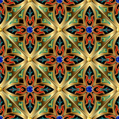 Mücevherler pürüzsüz. Süslü arabesk arka planı. Waffle arkaplanını tekrar et. Klasik arap çiçekli süsler. Mavi safir taşlar, 3D altın düğmeler, çiçekler, yapraklar, eşkenar dörtgen. Lüks tasarım.