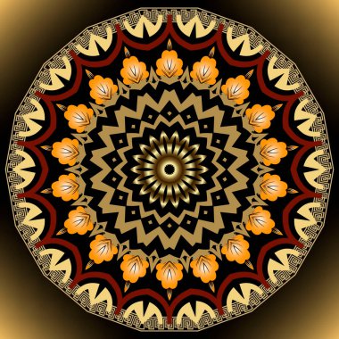 Çiçekli mandala deseni. Vektör süsleme arka planı. Dekoratif etnik parlayan arka plan. Yunan süsü. Rengarenk çiçekler, yapraklar. Yunan anahtarı, avare, sınır, çerçeve. Rosette..