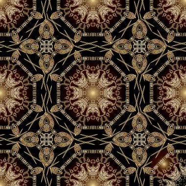 Yunan kusursuz deseni. Çiçeksel parlak arka plan. Vektör arkaplanını tekrarla. Klasik çiçekli, yapraklı, dolambaçlı, labirentli, mandalalı, şekilli altın barok süsleri. Modern lüks tasarım.